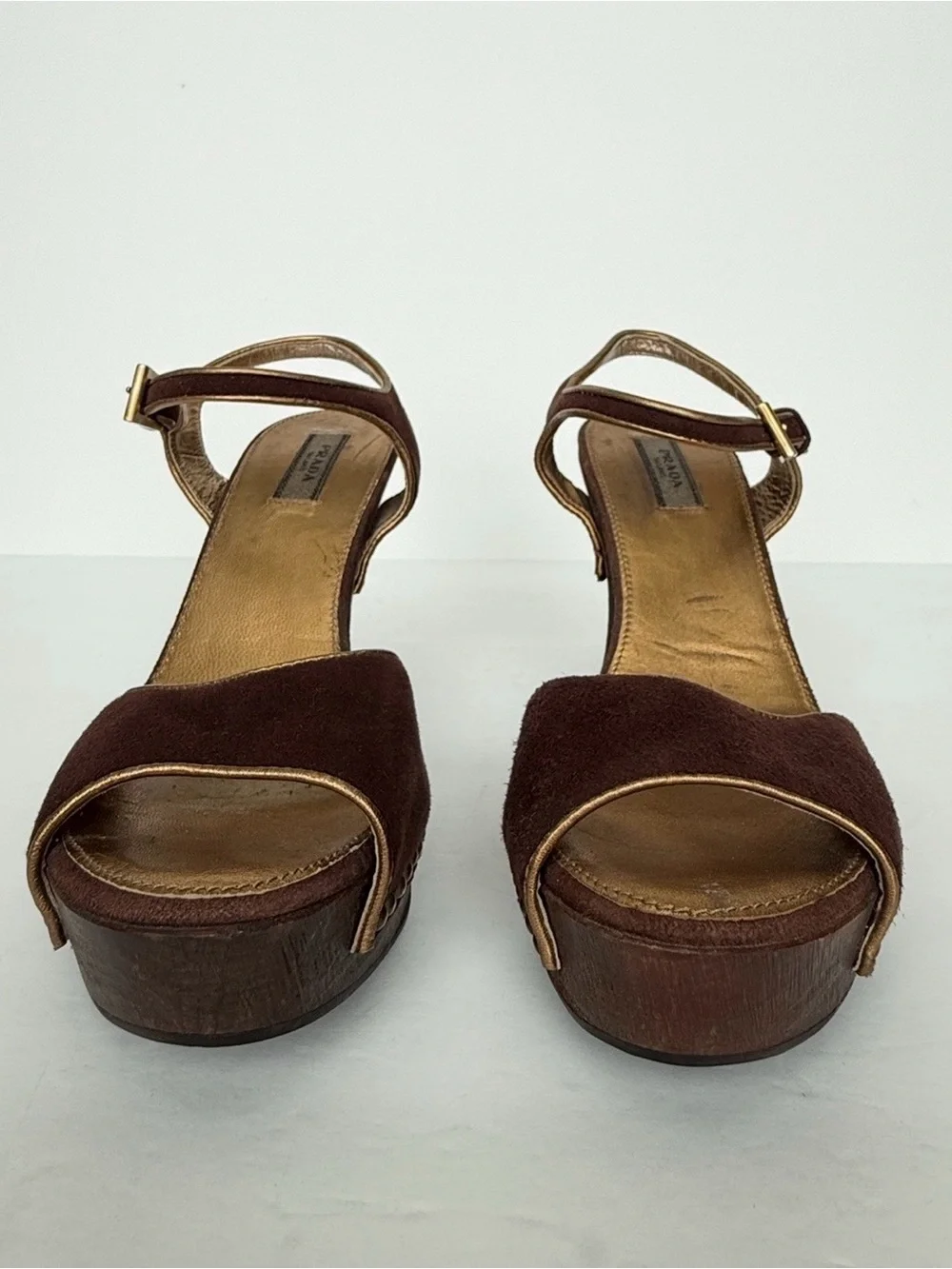Vintage Prada Brown Suede Studded Platform Wedge Slingback Sandals 35.5/5.5